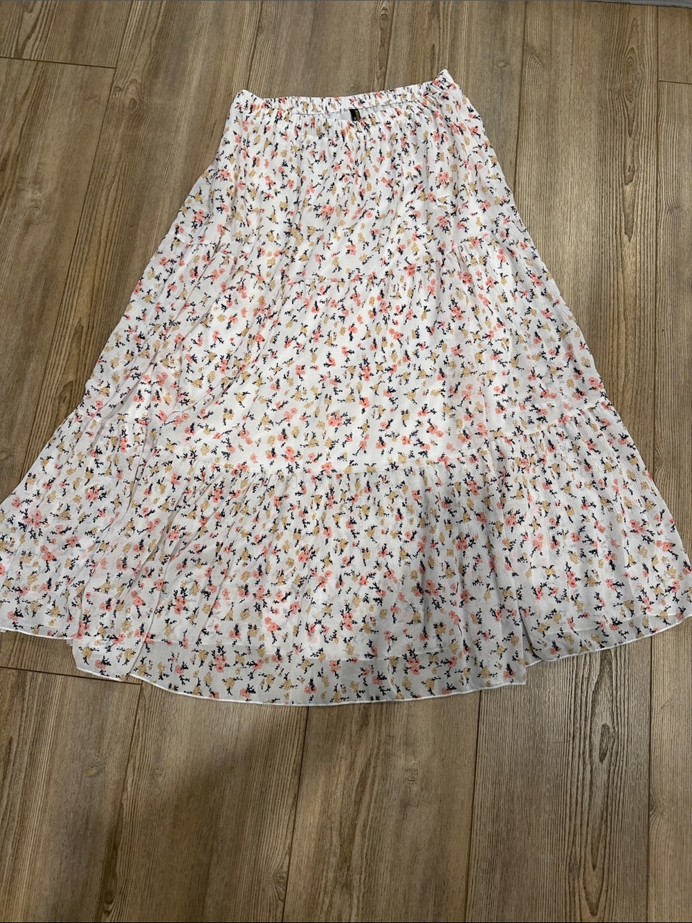 White Floral Tiered Maxi Skirt in Pink and Yellow